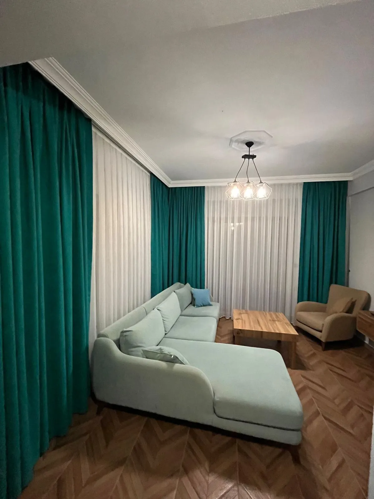 Yeşil fon perde tül kombinasyonu salon perde uygulaması Fethiye